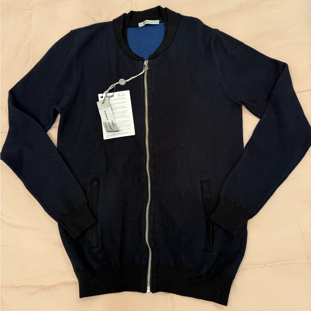 NWT Grey Daniele Alessandrini Men's Dark Blue Zip-Up Sweater Size M